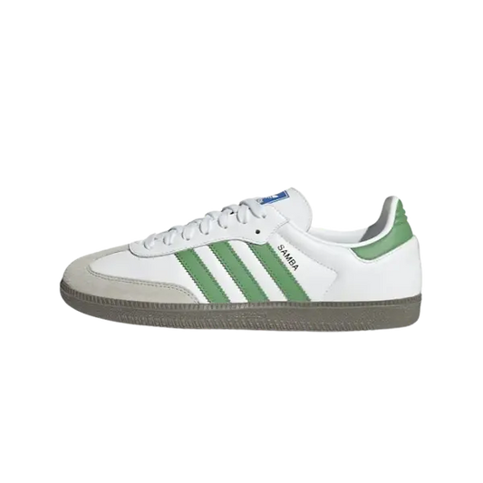 De Adidas Samba Wit/Groen is een wit/groene sneaker met groene strepen, een witte zool en het woord "SAMBA" zichtbaar op de zijkant. Het heeft een suède neus en een laag ontwerp voor een tijdloze uitstraling.