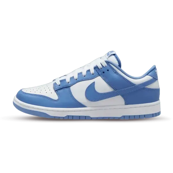 Een zijaanzicht van een lichtblauwe en witte Nike Dunk Low Polar Blue sneaker met een witte zool en witte veters, gemaakt van premium leer, tegen een effen achtergrond.